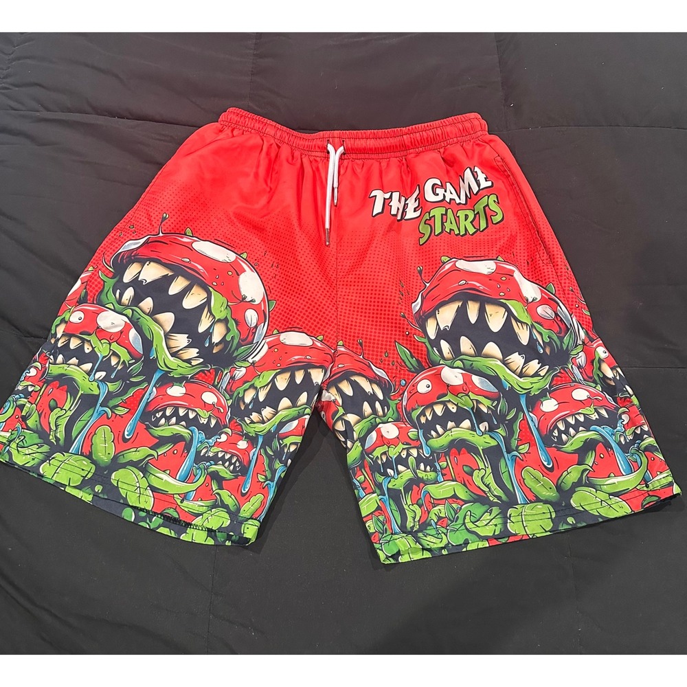 Mens Red The Game Starts Mesh Athletic Shorts Piranha Plant Graphic Print
